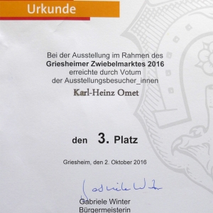 Urkunde zum 3. Platz, Zwiebelmarkt 2016